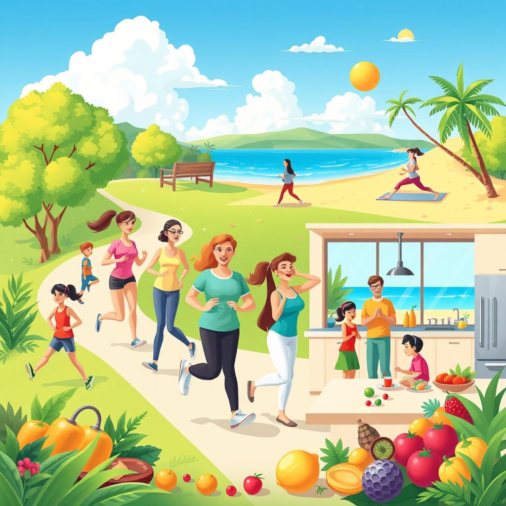 A vibrant and uplifting illustration depicting a diverse group of people engaged in various healthy activities