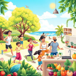 A vibrant and uplifting illustration depicting a diverse group of people engaged in various healthy activities