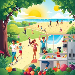 A vibrant and uplifting illustration depicting a diverse group of people engaged in various healthy activities