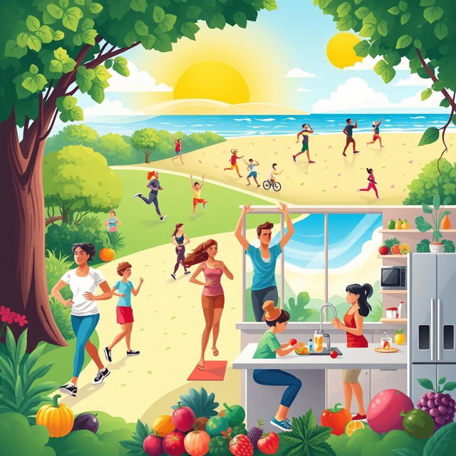 A vibrant and uplifting illustration depicting a diverse group of people engaged in various healthy activities
