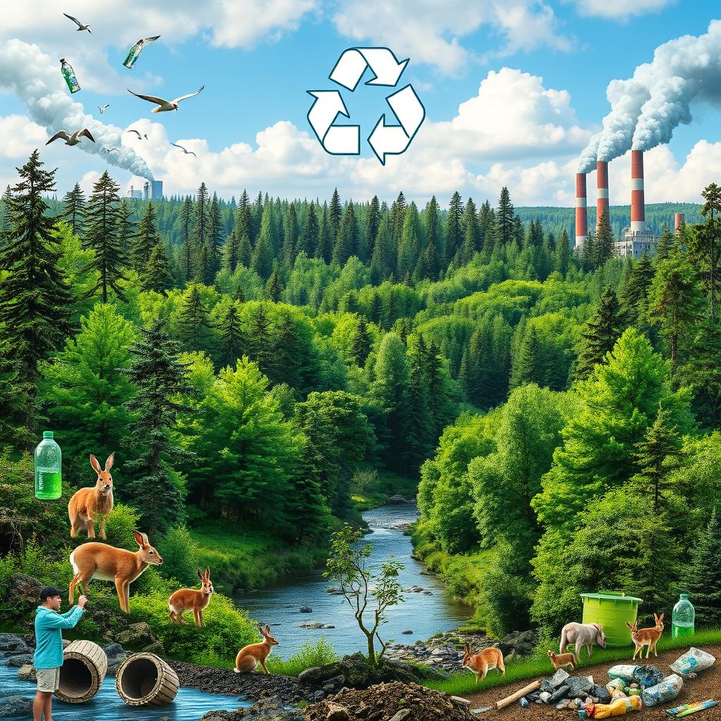 A striking contrast between a vibrant, lush green forest and disturbing signs of pollution surrounding it