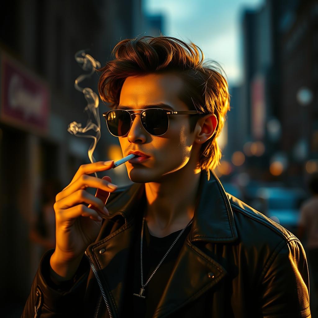 A cinematic scene featuring a stylish, confident person outdoors, casually smoking a cigarette with a contemplative expression