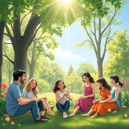 A serene and peaceful scene illustrating the prevention of violence, featuring a group of diverse individuals engaging in constructive dialogue and team-building activities in a lush green park
