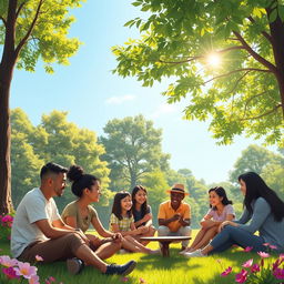 A serene and peaceful scene illustrating the prevention of violence, featuring a group of diverse individuals engaging in constructive dialogue and team-building activities in a lush green park