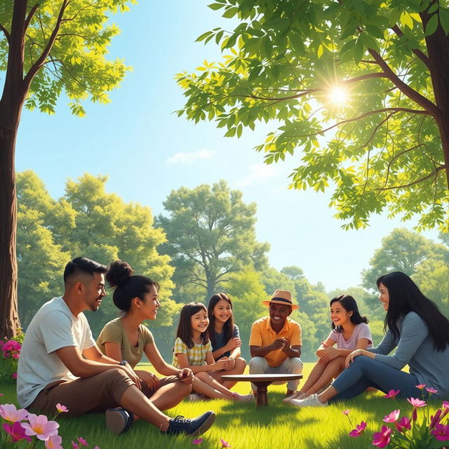 A serene and peaceful scene illustrating the prevention of violence, featuring a group of diverse individuals engaging in constructive dialogue and team-building activities in a lush green park