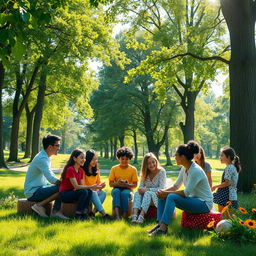 A serene and peaceful scene illustrating the prevention of violence, featuring a group of diverse individuals engaging in constructive dialogue and team-building activities in a lush green park