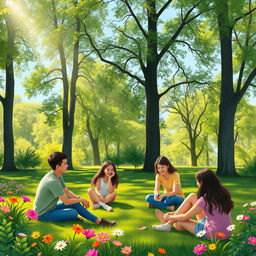 A serene and peaceful scene illustrating the prevention of violence, featuring a group of diverse individuals engaging in constructive dialogue and team-building activities in a lush green park