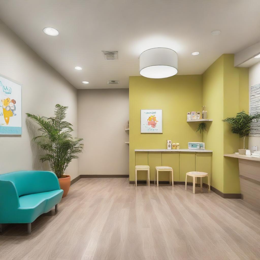 A spacious waiting room for a dental clinic, tastefully designed with 15 chairs to comfortably accommodate patients. The room also features soft lighting, a children's play area, a magazine rack, and a calming color palette.