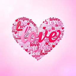 An artistic representation of a large heart shape made entirely from the word 'love' repeated in various fonts and sizes
