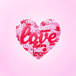 An artistic representation of a large heart shape made entirely from the word 'love' repeated in various fonts and sizes