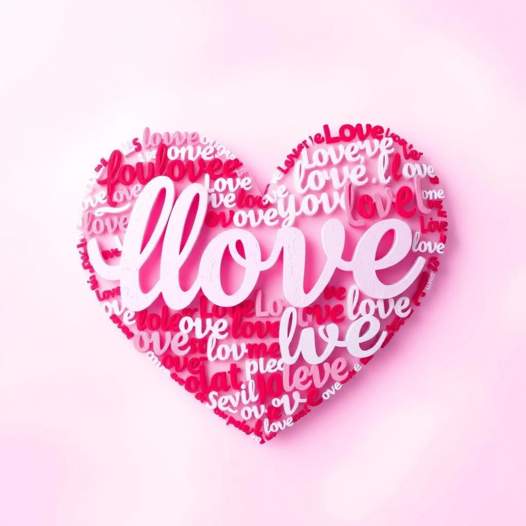 An artistic representation of a large heart shape made entirely from the word 'love' repeated in various fonts and sizes