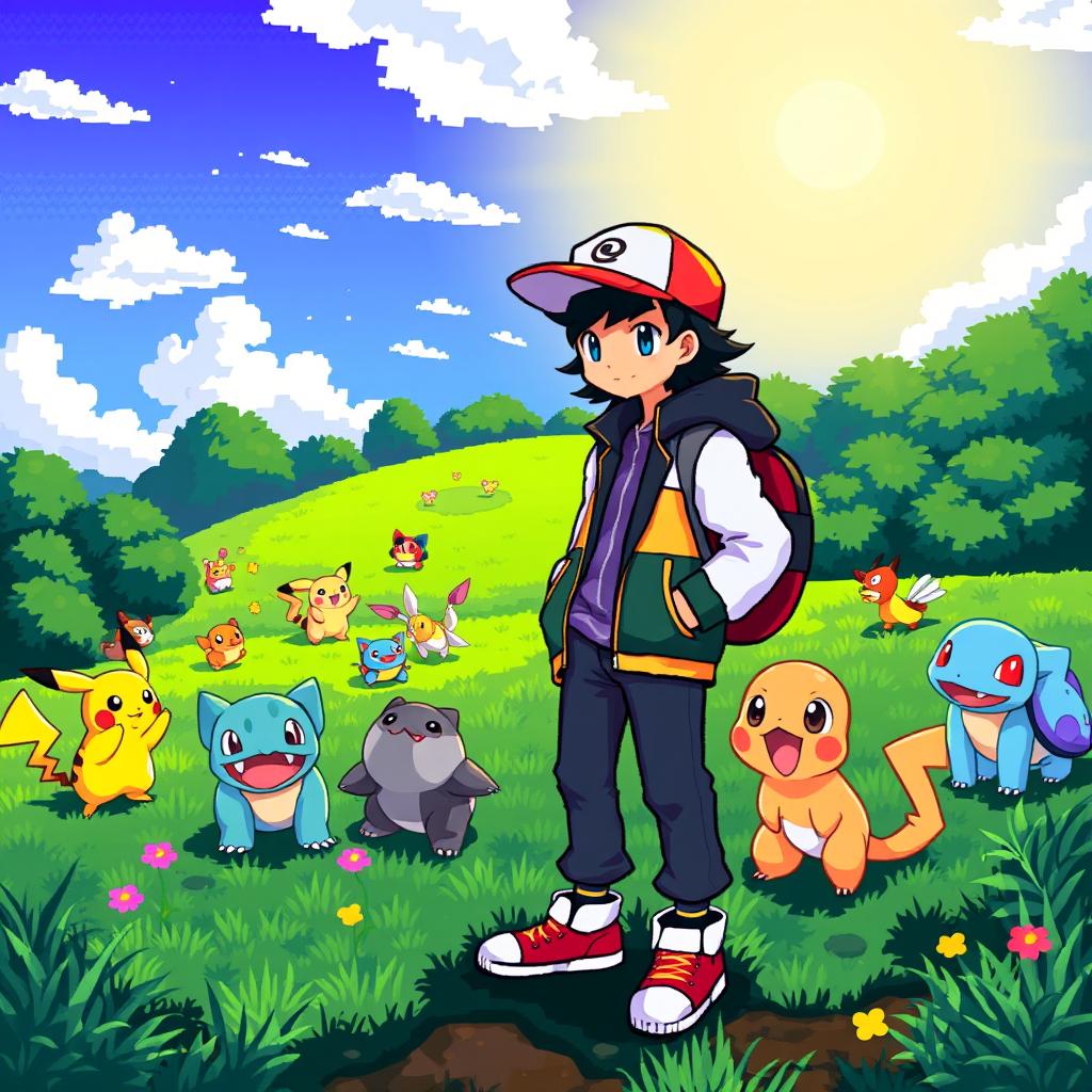A vibrant pixel art scene depicting a Pokemon trainer standing in a lush, green landscape