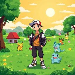 A vibrant pixel art scene depicting a Pokemon trainer standing in a lush, green landscape