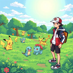 A vibrant pixel art scene depicting a Pokemon trainer standing in a lush, green landscape