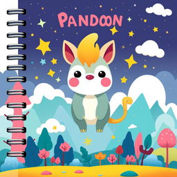 A colorful cartoon and fantasy-themed notebook cover design featuring whimsical elements such as cute anthropomorphic animals, magical landscapes, and vibrant, imaginative characters