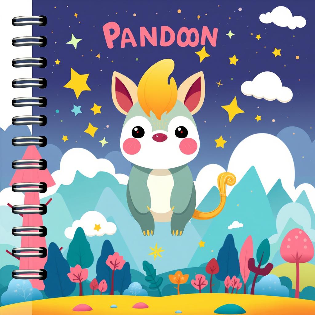 A colorful cartoon and fantasy-themed notebook cover design featuring whimsical elements such as cute anthropomorphic animals, magical landscapes, and vibrant, imaginative characters