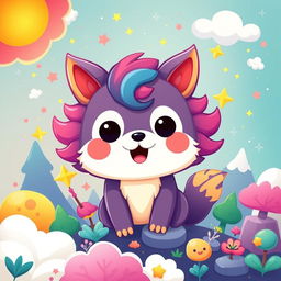 A colorful cartoon and fantasy-themed notebook cover design featuring whimsical elements such as cute anthropomorphic animals, magical landscapes, and vibrant, imaginative characters