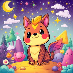 A colorful cartoon and fantasy-themed notebook cover design featuring whimsical elements such as cute anthropomorphic animals, magical landscapes, and vibrant, imaginative characters