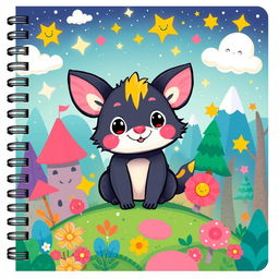 A colorful cartoon and fantasy-themed notebook cover design featuring whimsical elements such as cute anthropomorphic animals, magical landscapes, and vibrant, imaginative characters