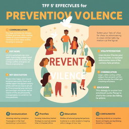 A visually engaging infographic showing effective strategies for preventing violence, featuring diverse individuals in positive interactions, symbols of peace like doves and olive branches, warm colors to convey hope and community, and text highlighting key prevention methods like communication, conflict resolution, and education