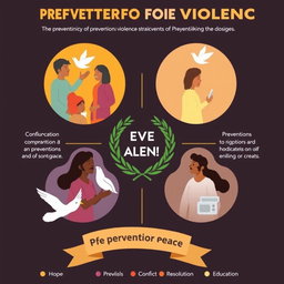 A visually engaging infographic showing effective strategies for preventing violence, featuring diverse individuals in positive interactions, symbols of peace like doves and olive branches, warm colors to convey hope and community, and text highlighting key prevention methods like communication, conflict resolution, and education
