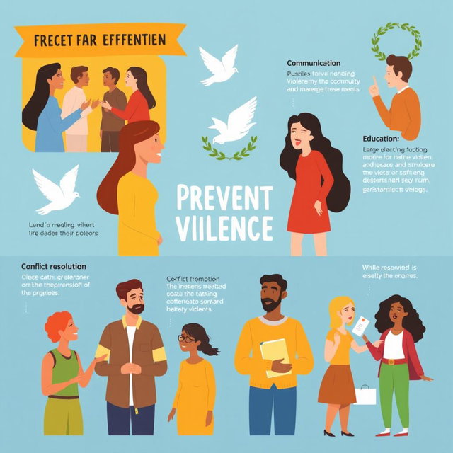 A visually engaging infographic showing effective strategies for preventing violence, featuring diverse individuals in positive interactions, symbols of peace like doves and olive branches, warm colors to convey hope and community, and text highlighting key prevention methods like communication, conflict resolution, and education