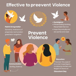 A visually engaging infographic showing effective strategies for preventing violence, featuring diverse individuals in positive interactions, symbols of peace like doves and olive branches, warm colors to convey hope and community, and text highlighting key prevention methods like communication, conflict resolution, and education