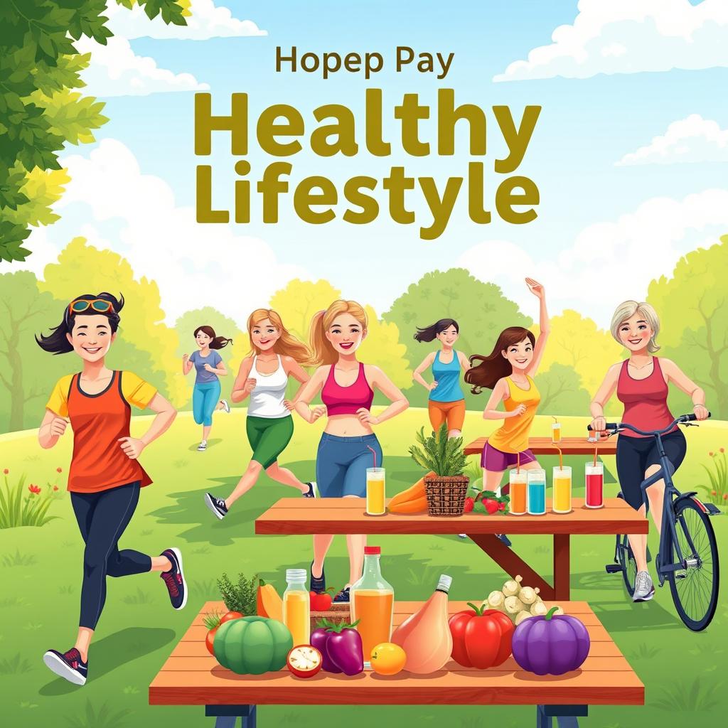 A vibrant and colorful illustration promoting healthy lifestyle practices, featuring a diverse group of adults engaging in various fitness activities such as jogging, yoga, and cycling in a lush green park
