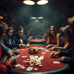 A high-stakes poker game taking place in a dimly lit, smoky casino