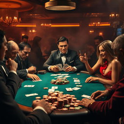 A high-stakes poker game taking place in a dimly lit, smoky casino