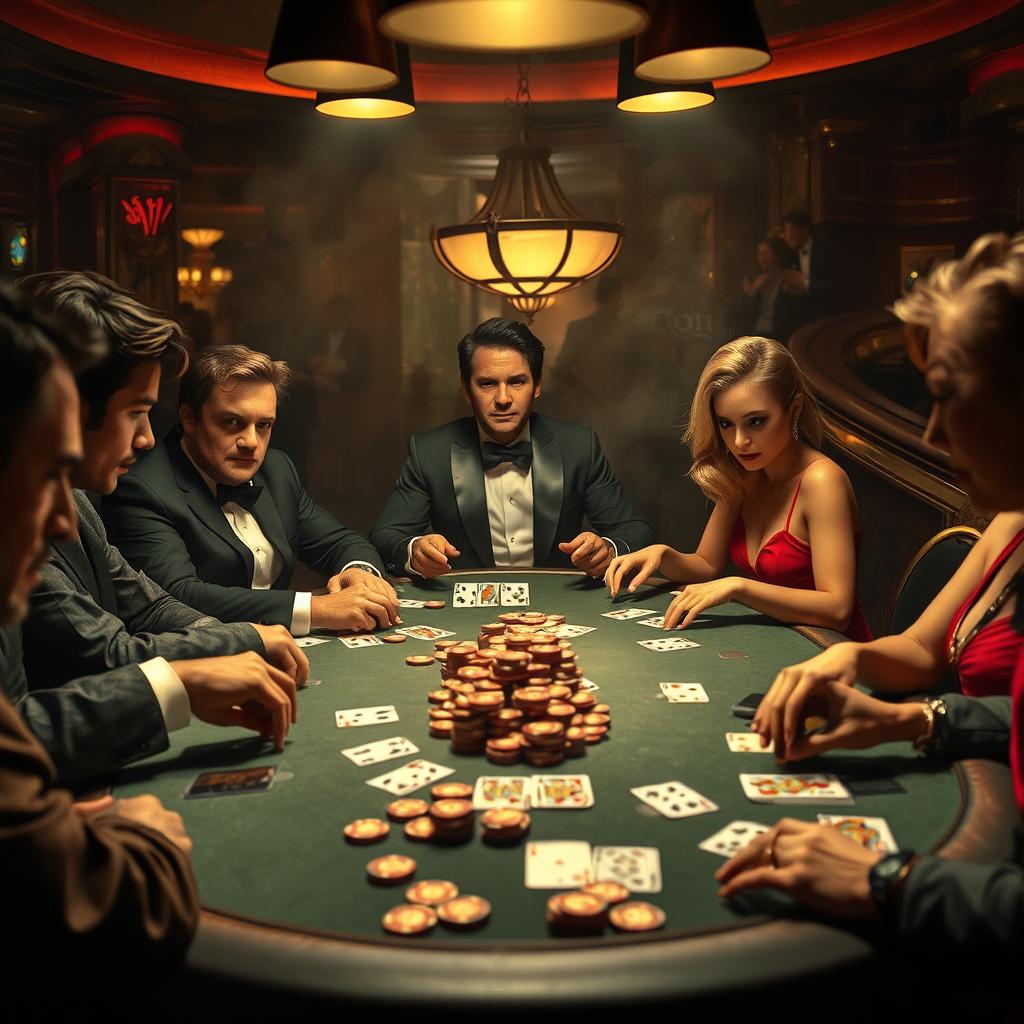 A high-stakes poker game taking place in a dimly lit, smoky casino