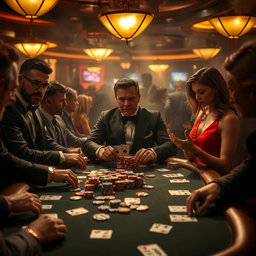 A high-stakes poker game taking place in a dimly lit, smoky casino