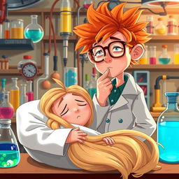 A scene depicting Dexter, the young scientist, with wild orange hair and glasses, standing with a lab coat and a slightly distressed expression as he coughs