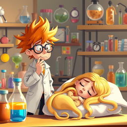 A scene depicting Dexter, the young scientist, with wild orange hair and glasses, standing with a lab coat and a slightly distressed expression as he coughs