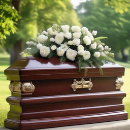 A respectful image of an ornate, well-polished funeral casket adorned with fresh flowers, captured in a serene and peaceful setting.