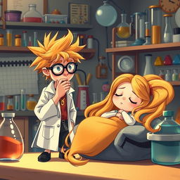 A scene depicting Dexter, the young scientist, with wild orange hair and glasses, standing with a lab coat and a slightly distressed expression as he coughs