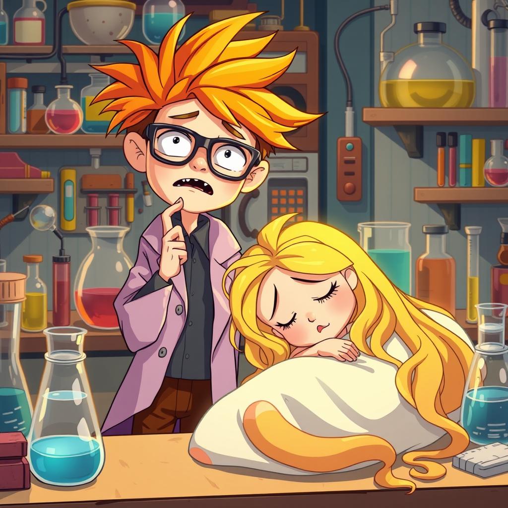 A scene depicting Dexter, the young scientist, with wild orange hair and glasses, standing with a lab coat and a slightly distressed expression as he coughs