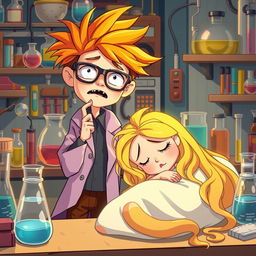 A scene depicting Dexter, the young scientist, with wild orange hair and glasses, standing with a lab coat and a slightly distressed expression as he coughs