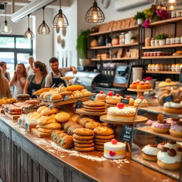 A warm and inviting bakery display at a modern food marketplace, showcasing a variety of fresh pastries, artisanal bread, colorful cakes, and gourmet desserts