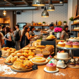 A warm and inviting bakery display at a modern food marketplace, showcasing a variety of fresh pastries, artisanal bread, colorful cakes, and gourmet desserts