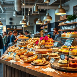 A warm and inviting bakery display at a modern food marketplace, showcasing a variety of fresh pastries, artisanal bread, colorful cakes, and gourmet desserts