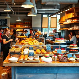 A warm and inviting bakery display at a modern food marketplace, showcasing a variety of fresh pastries, artisanal bread, colorful cakes, and gourmet desserts