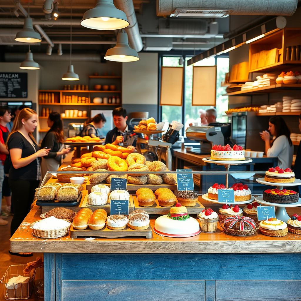 A warm and inviting bakery display at a modern food marketplace, showcasing a variety of fresh pastries, artisanal bread, colorful cakes, and gourmet desserts