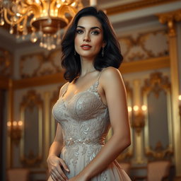 An elegant Romanian woman with dark hair, wearing a sophisticated evening gown, gracefully standing in a luxurious ballroom