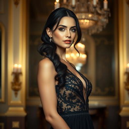 An elegant Romanian woman with dark hair, wearing a sophisticated evening gown, gracefully standing in a luxurious ballroom