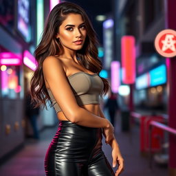 A fashionable brunette woman wearing shiny faux leather tight leggings, striking a confident pose