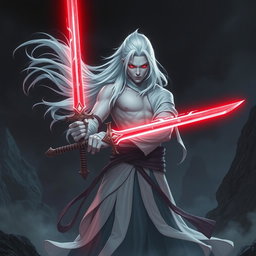 A striking figure with flowing white hair and ashen skin, standing confidently while holding a sword made of bright crimson light