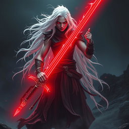 A striking figure with flowing white hair and ashen skin, standing confidently while holding a sword made of bright crimson light