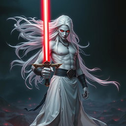 A striking figure with flowing white hair and ashen skin, standing confidently while holding a sword made of bright crimson light