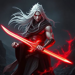 A striking figure with flowing white hair and ashen skin, standing confidently while holding a sword made of bright crimson light